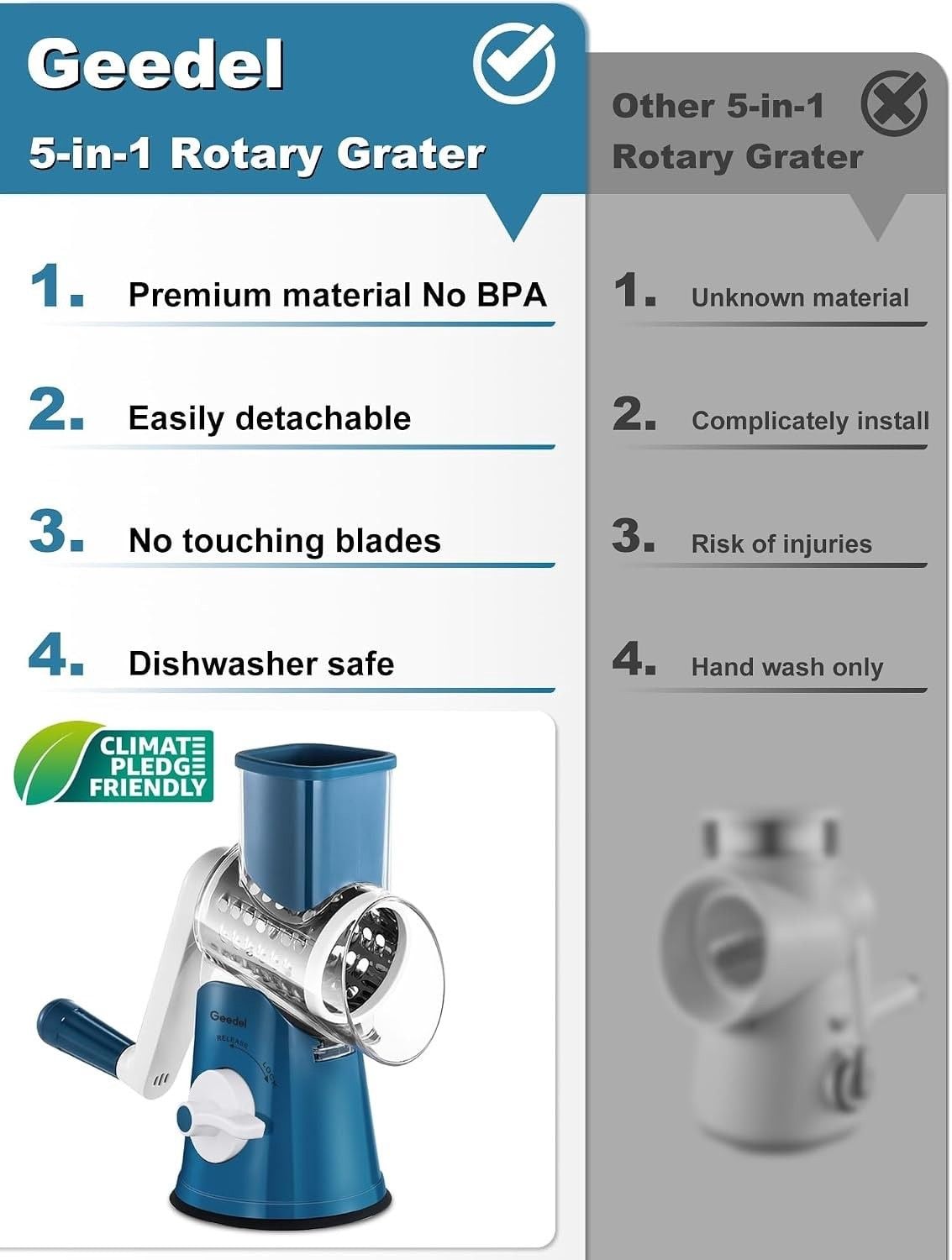 Geedel Rotary Cheese Grater Hand Crank, Cheese Shredder Vegetable Slicer 7