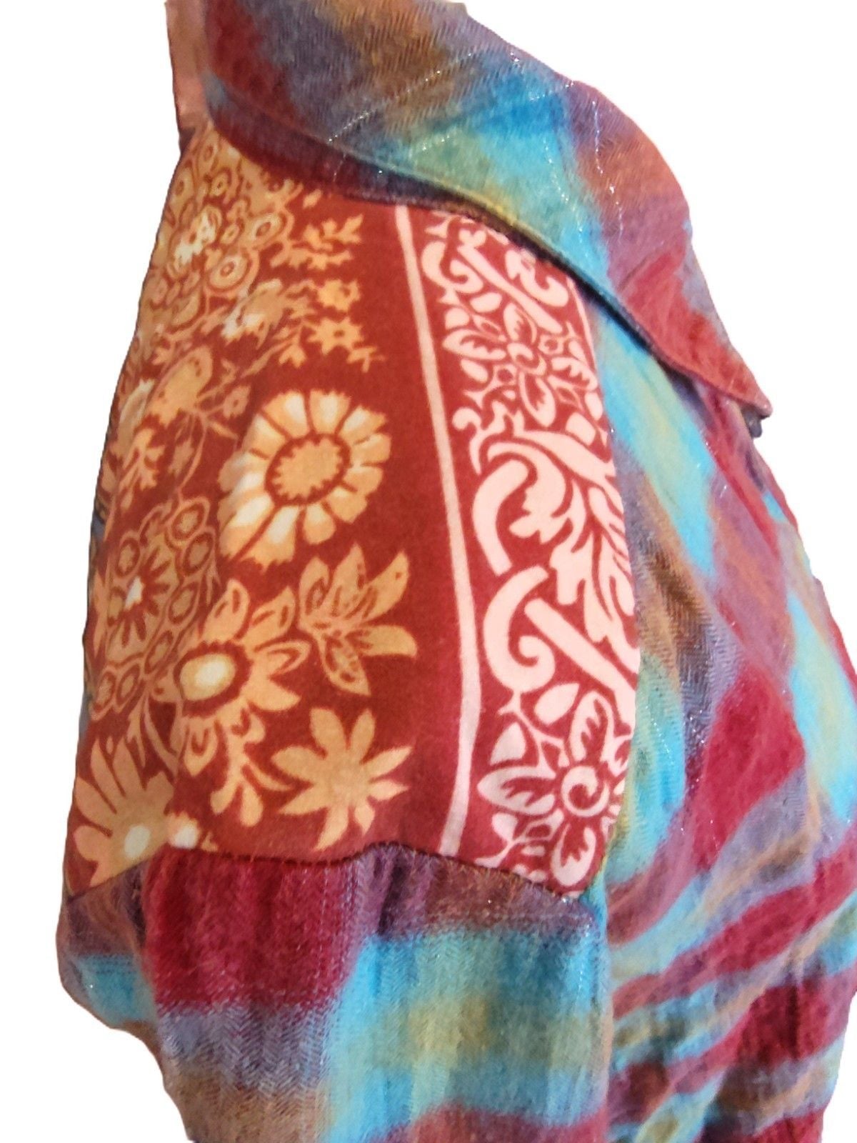 Aratta Pink & Blue Boho Plaid Button Down w Beautiful WaterColor Seascape Sz S 7