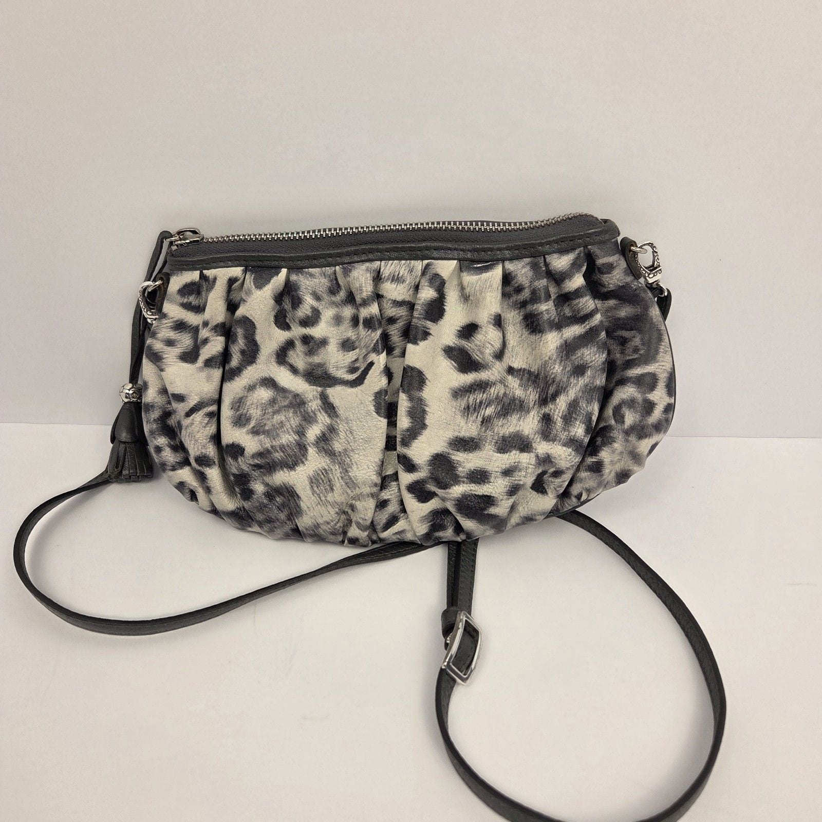 BRIGHTON Cosmo Cat Crossbody Clutch Mini Bag Grey Snow Leopard Animal Print 15