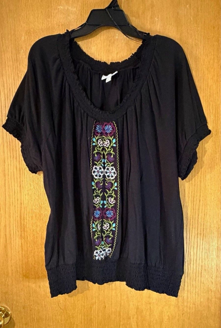 Fashion Bug Black Embroidered Floral Scoop Neck Short Sleeve Pullover Blouse 3XL 2