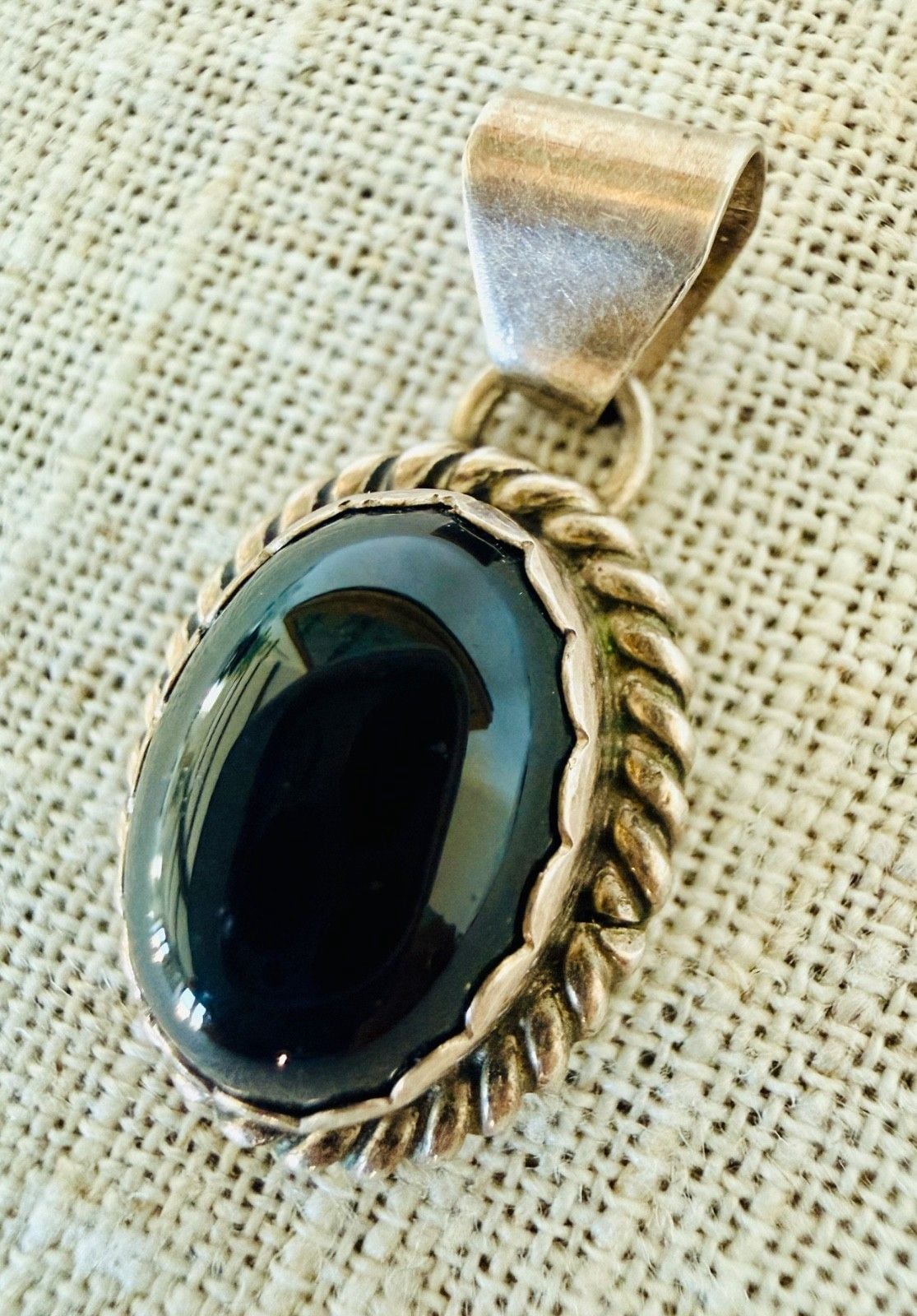 Native American Sterling Silver Black Onyx Pendant RRT Hallmark Rope Bezel 10