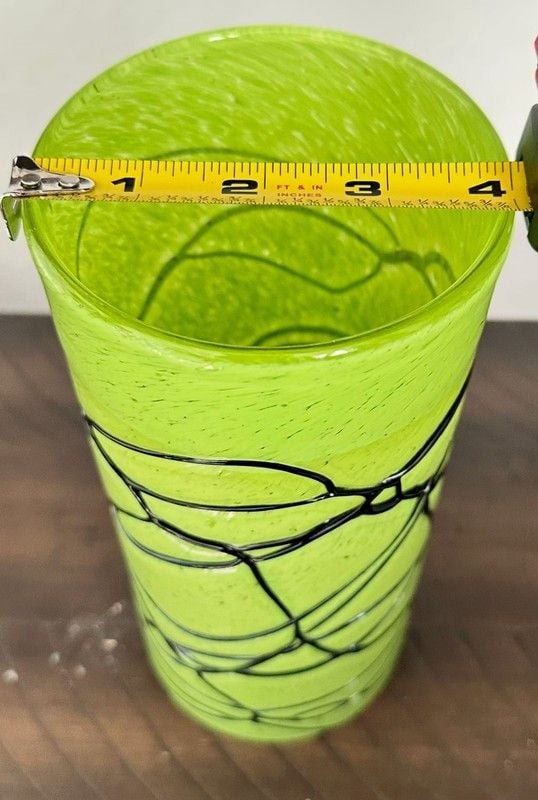 Vintage Murano Style Lime Green Blown Art Glass Vase with Applied Black Spaghett 5