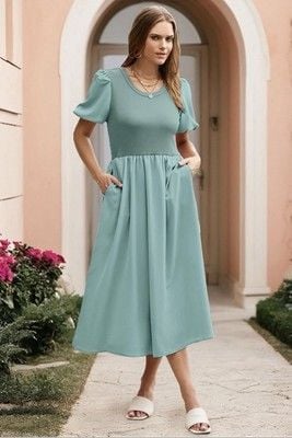 AlvaQ Women Dress Spring Summer Puff Sleeve Midi Dress High Waist Ruffle-SIZE L 4