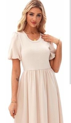 AlvaQ Women Dress Spring Summer Puff Sleeve Midi Dress High Waist Ruffle-SIZE S 3