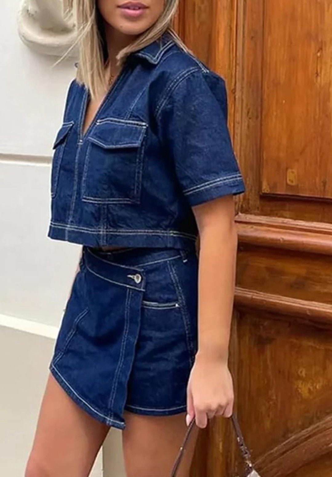 Zara Denim Two Piece Set Crop Shirt Small Wrap Skort Medium Z1975 Co Ord Blue 2