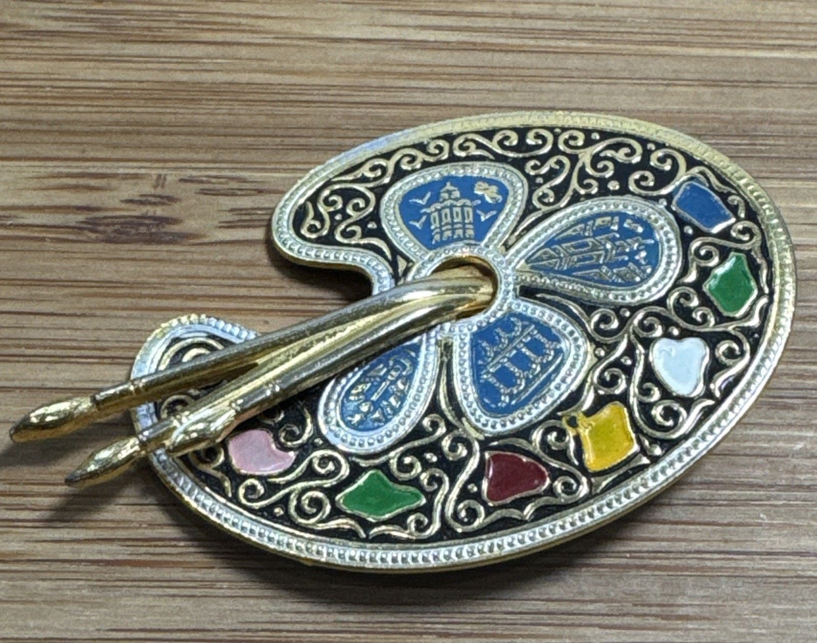 Vintage Gold Paint Palette w/Brushes Brooch Pin Damascene Spain 2