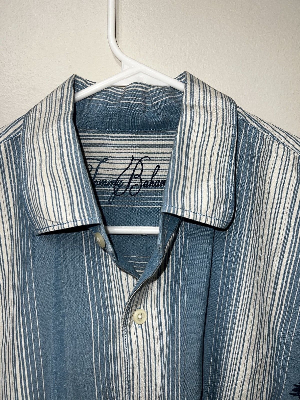 Tommy Bahama Palm Tree Hawaiian Blue Short Sleeve stripe Button Up Shirt Men's M 4