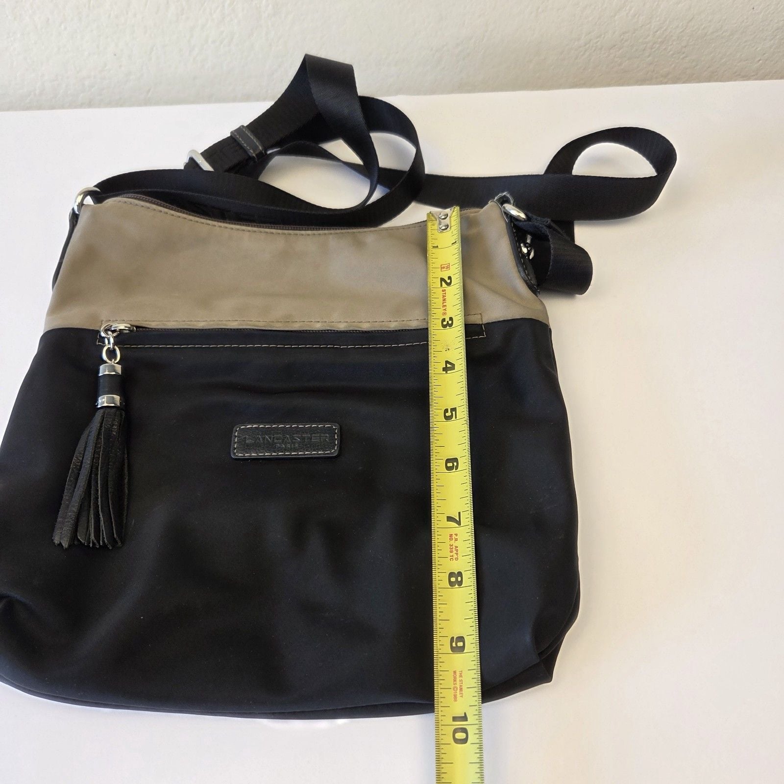 Lancaster Paris Basic Pompon Nylon Hobo Crossbody Bag Black Taupe 6