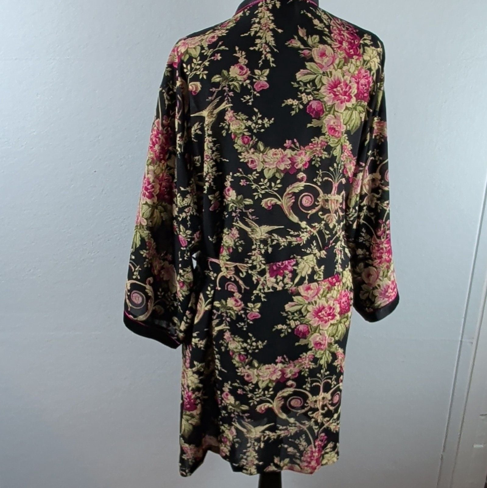 Oscar de la Renta Pink Label Floral Bird Kimono Robe Satin Look Black L XL Poly 7