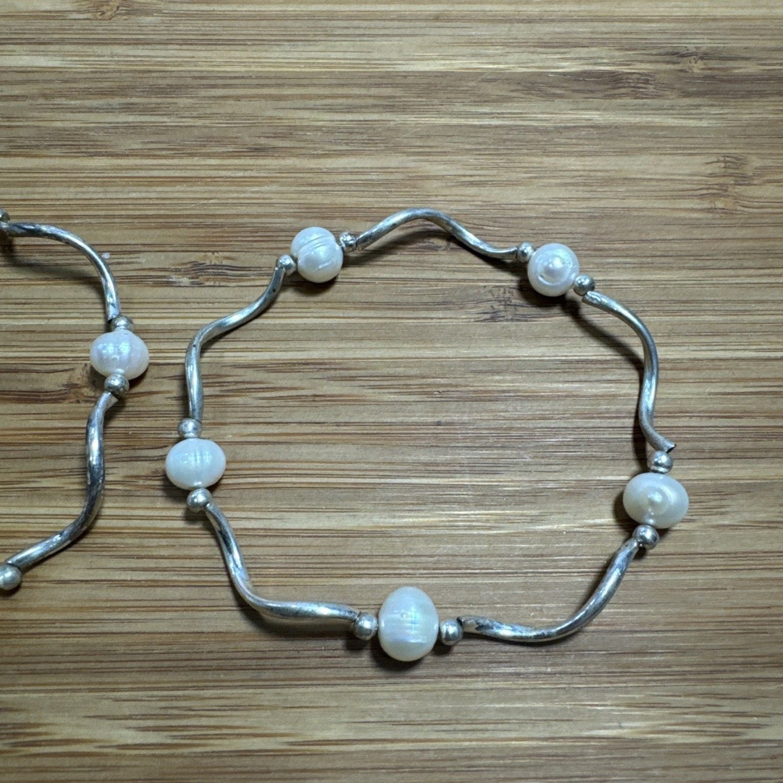 Vintage Silver Plated Genuine Pearl Wave Stretch Bracelets Set of 2 3