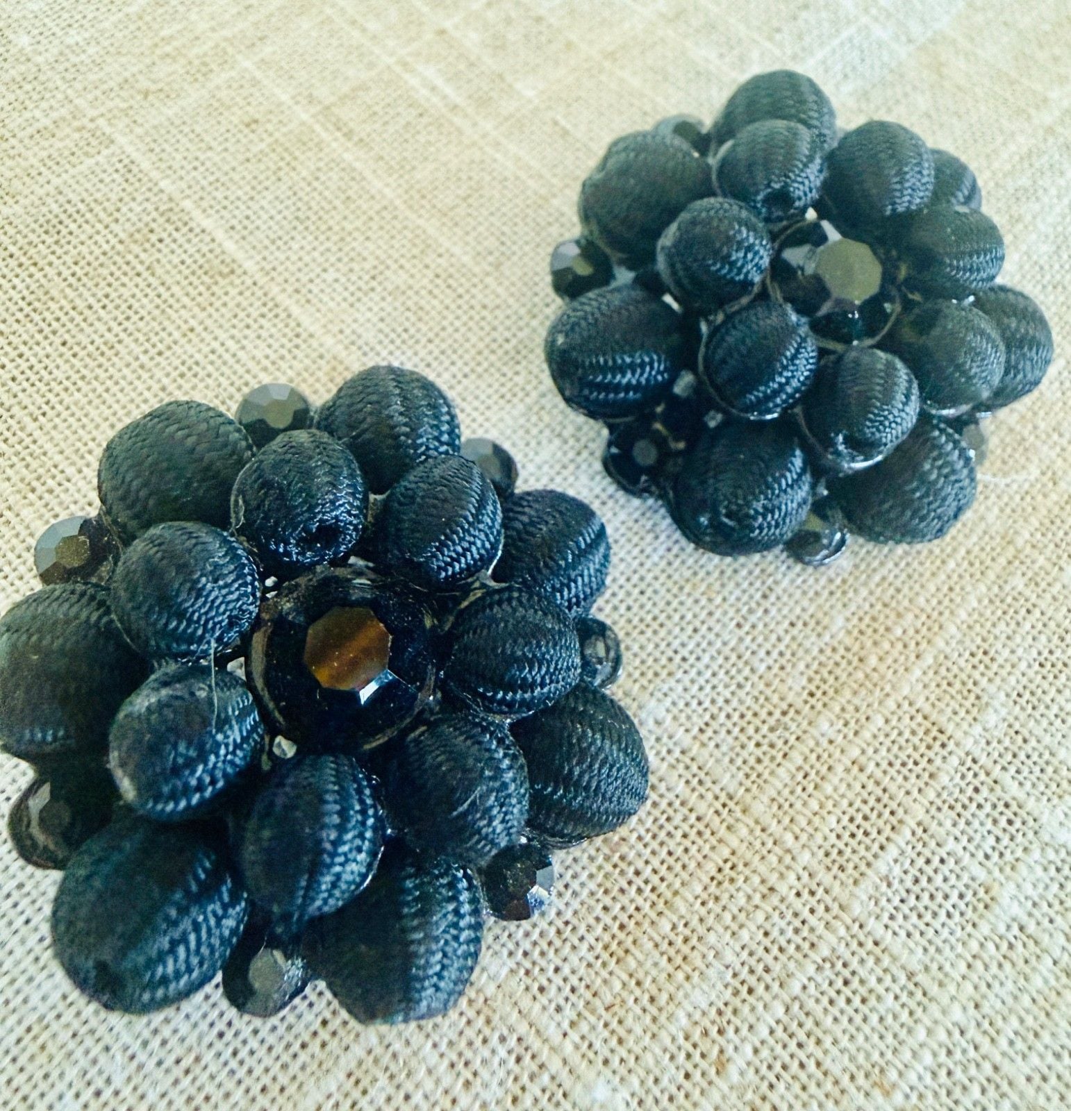 Vintage Mid-Century Black Cluster Beaded Fabric Buttons Set of 2 Statement 7