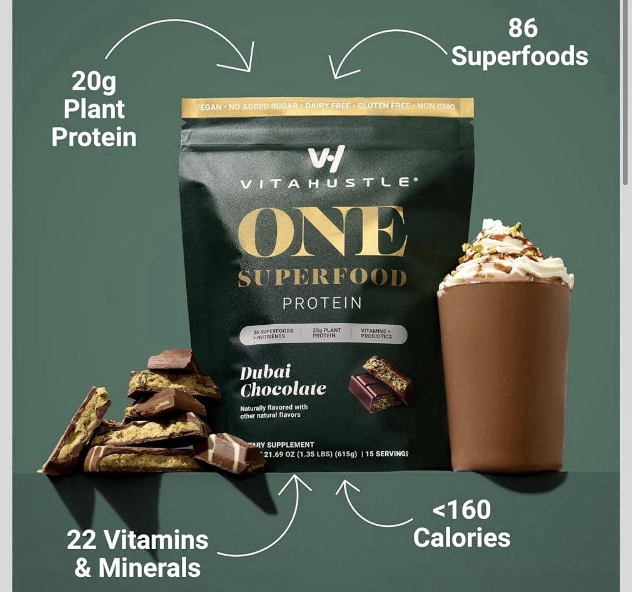 VitaHustle ONE Vegan Protein Powder, Dubai Chocolate 2