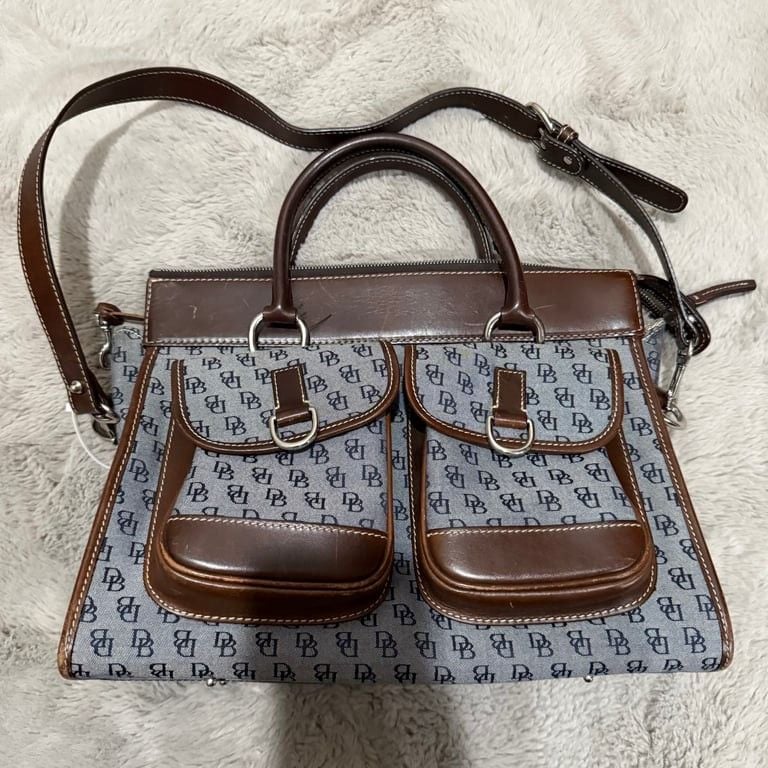Authentic Dooney & Bourke Signature Handbag with Leather Trim Double Pocket Satchel 11