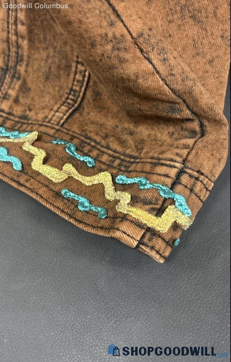 VTG 80s Sundance Style Denim Jacket Brown Southwestern Aztec Puff Paint Open 4