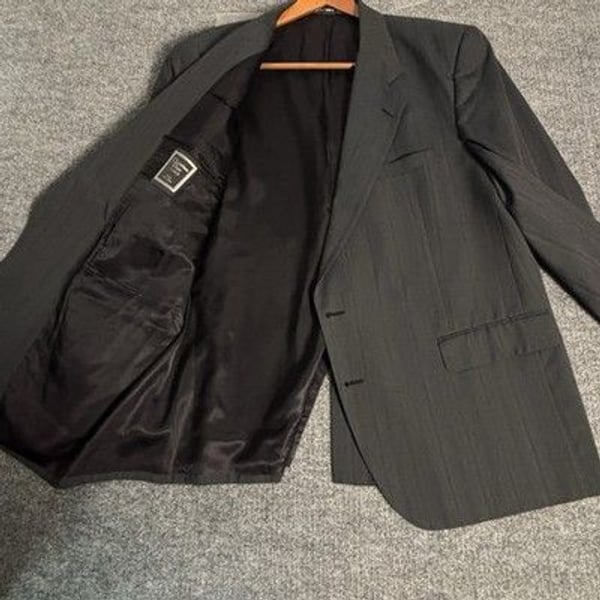 Vintage Christian Dior Suit Mens 46L 44x32 Charcoal Gray Pinstripe Wool 2 Piece