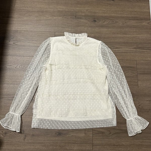 Express Ivory Tulle Ruffle Avant Garde Top Maximalist Polka Dot Size M Women's