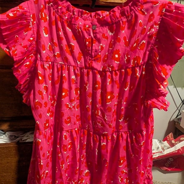 Pink Abstract Animal Print Mini Dress Pleated Cap Sleeve Ruffle Neck Shift NWOT
