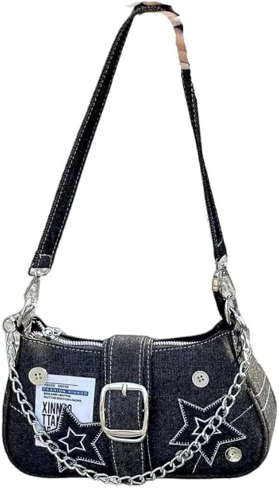 Y2K-Style Grunge Retro Denim Star Shoulder Hobo Bag Buckle Strap Silver Chain 7