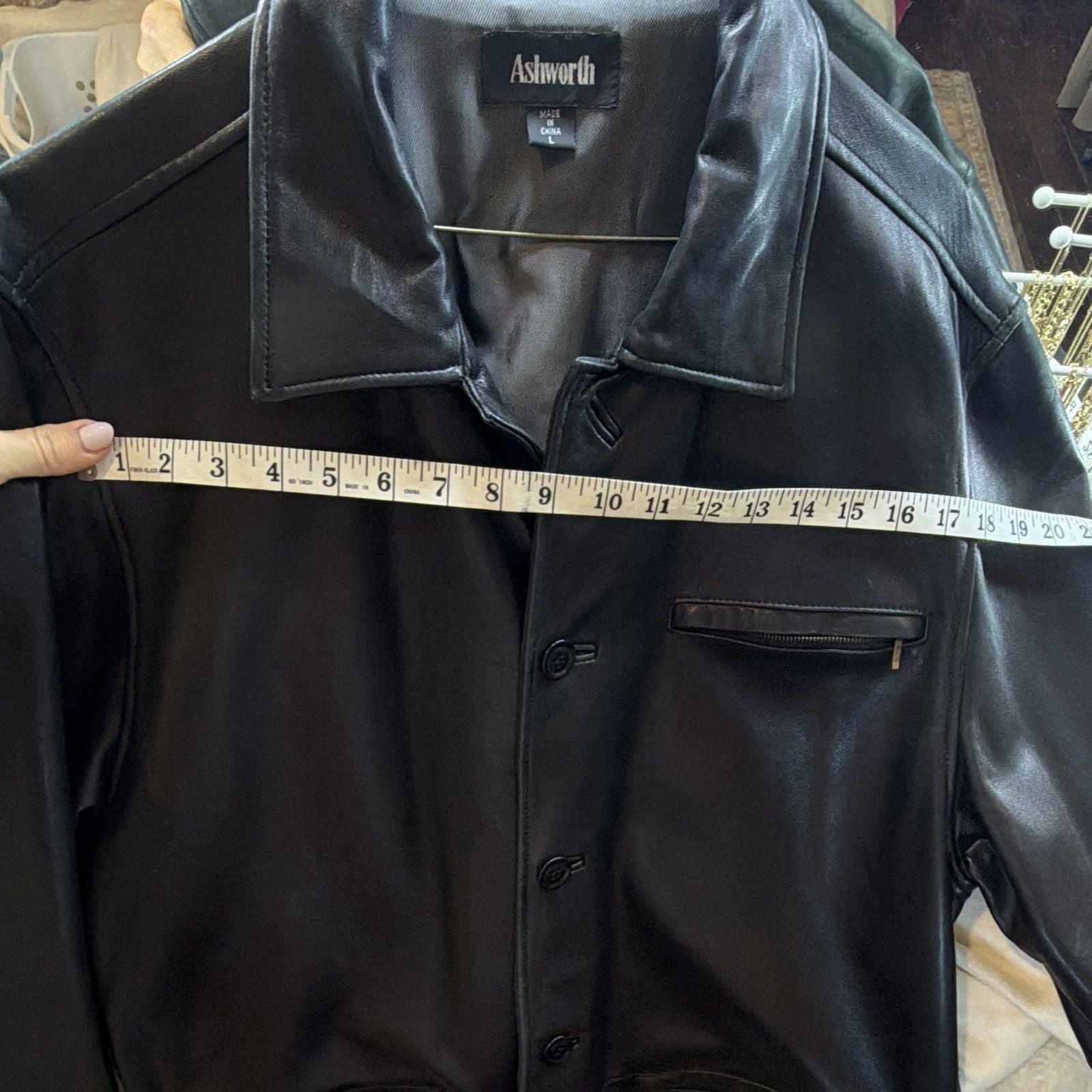 Ashworth Men’s Black Leather Jacket Button & Zip Closure Lined Pockets Size L 5