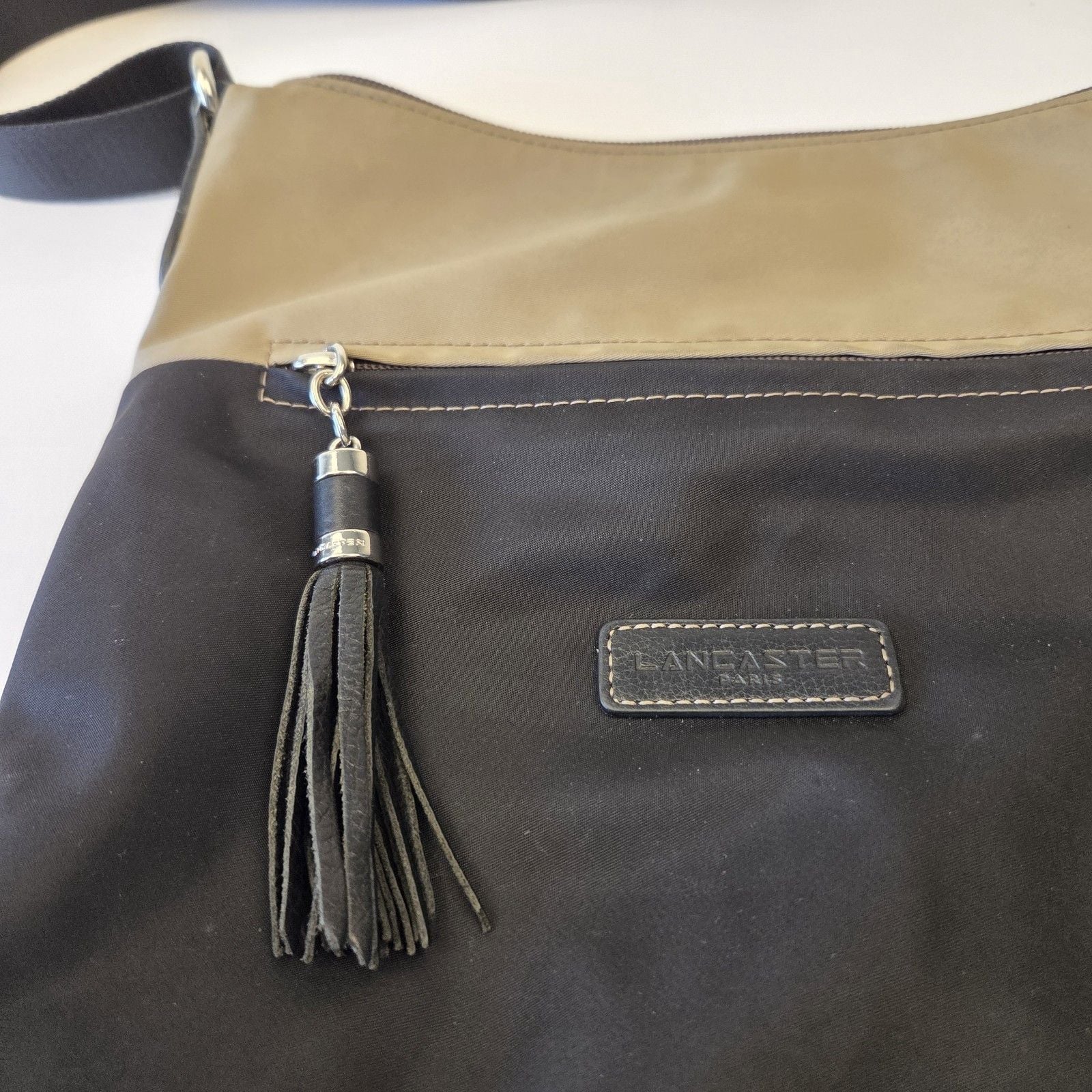 Lancaster Paris Basic Pompon Nylon Hobo Crossbody Bag Black Taupe 4