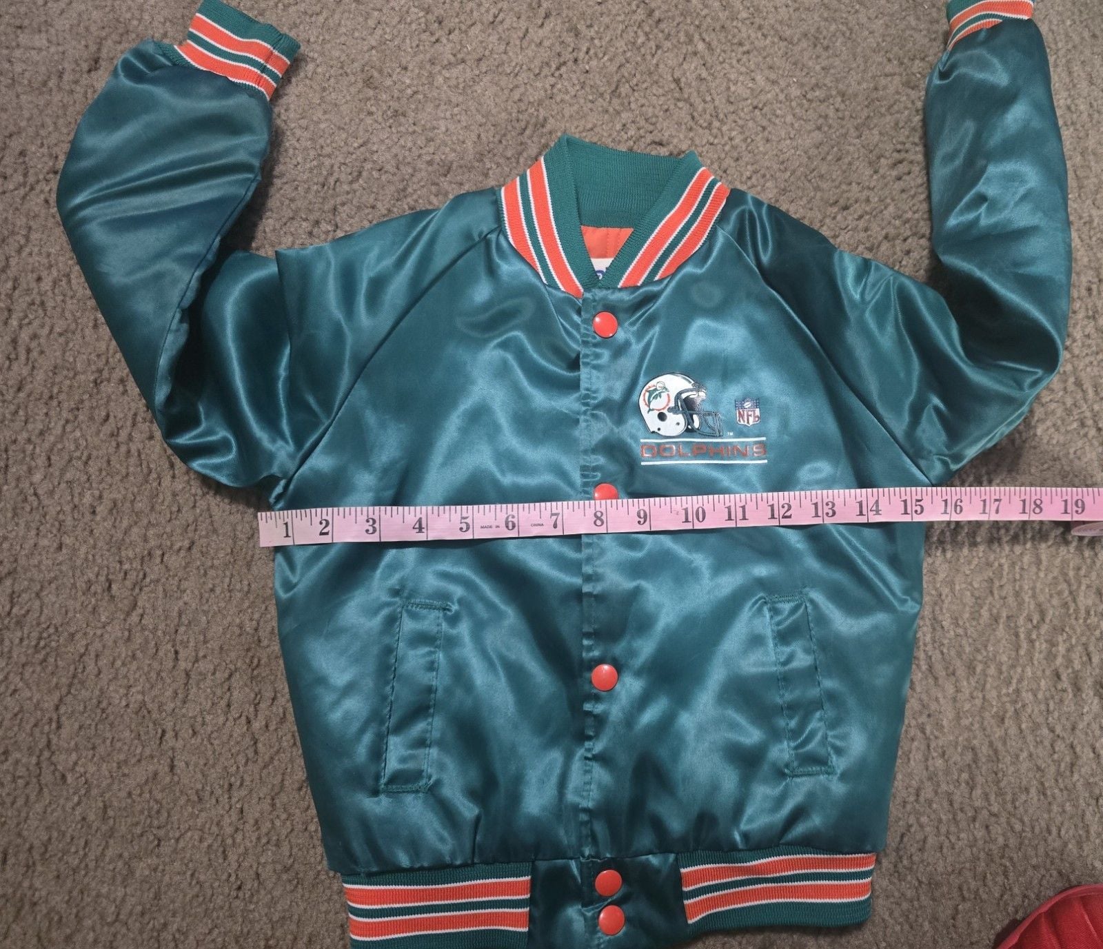 VTG 90s NFL MIAMI DOLPHINS CHALK LINE SATIN JACKET BOMBER SPELLOUT KIDS SZ 6/7 4
