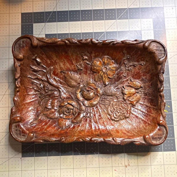 Carved Embossed Floral Wood Serving Tray, Dark Brown Glossy 12x8