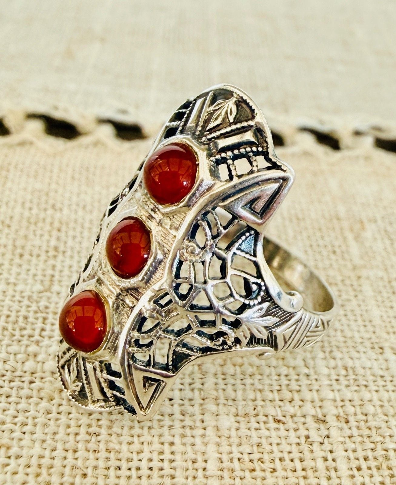 Antique Art Deco Sterling Silver Filigree 3-Stone Carnelian Glass Ring Size 6 9