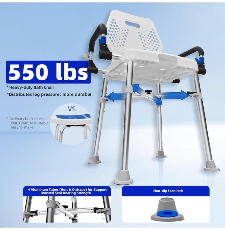 Adjustable Heavy-Duty Bath Chair with Padded Armrest 4