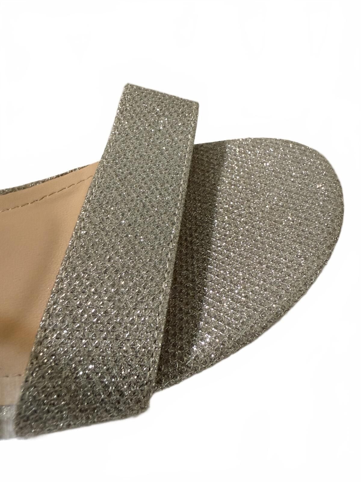Silver Glitter Ankle Strap Block Heel Sandals, Size 42, USA 10.5 5