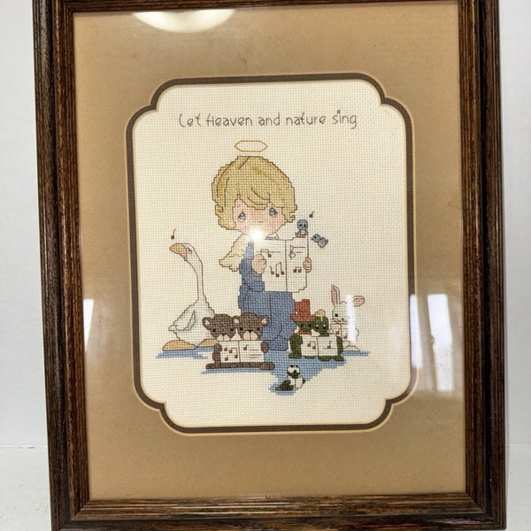 Precious Moments Let Heaven and Nature Sing Cross Stitch Framed Angel Animals