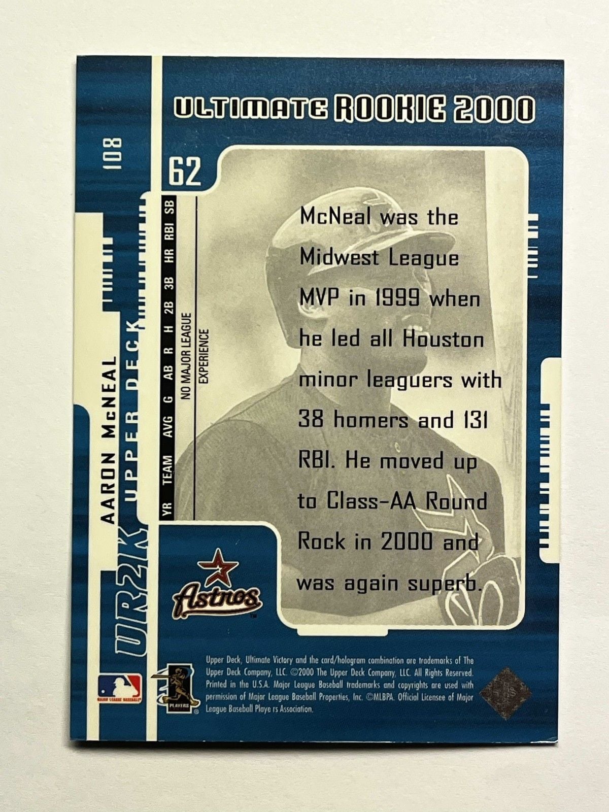 2000 Upper Deck Ultimate Victory Rookie Blue Aaron McNeal #62 /3500 Astros 2