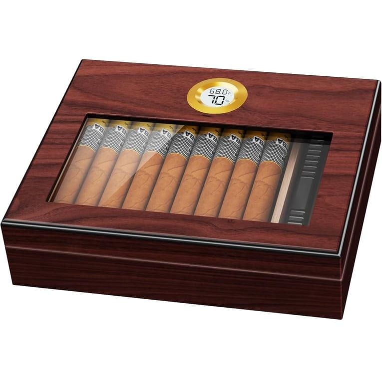 Cigar Humidor, Cigar Case Desktop Box with Humidifier and Accurate Digital Hygrometer,Tempered Glass Top Cigar Humidor Box with Thick Cedar Wood for 2