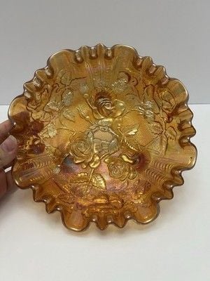 Vintage Imperial Glass Open Rose Marigold Carnival Glass 3 footed bowl 2