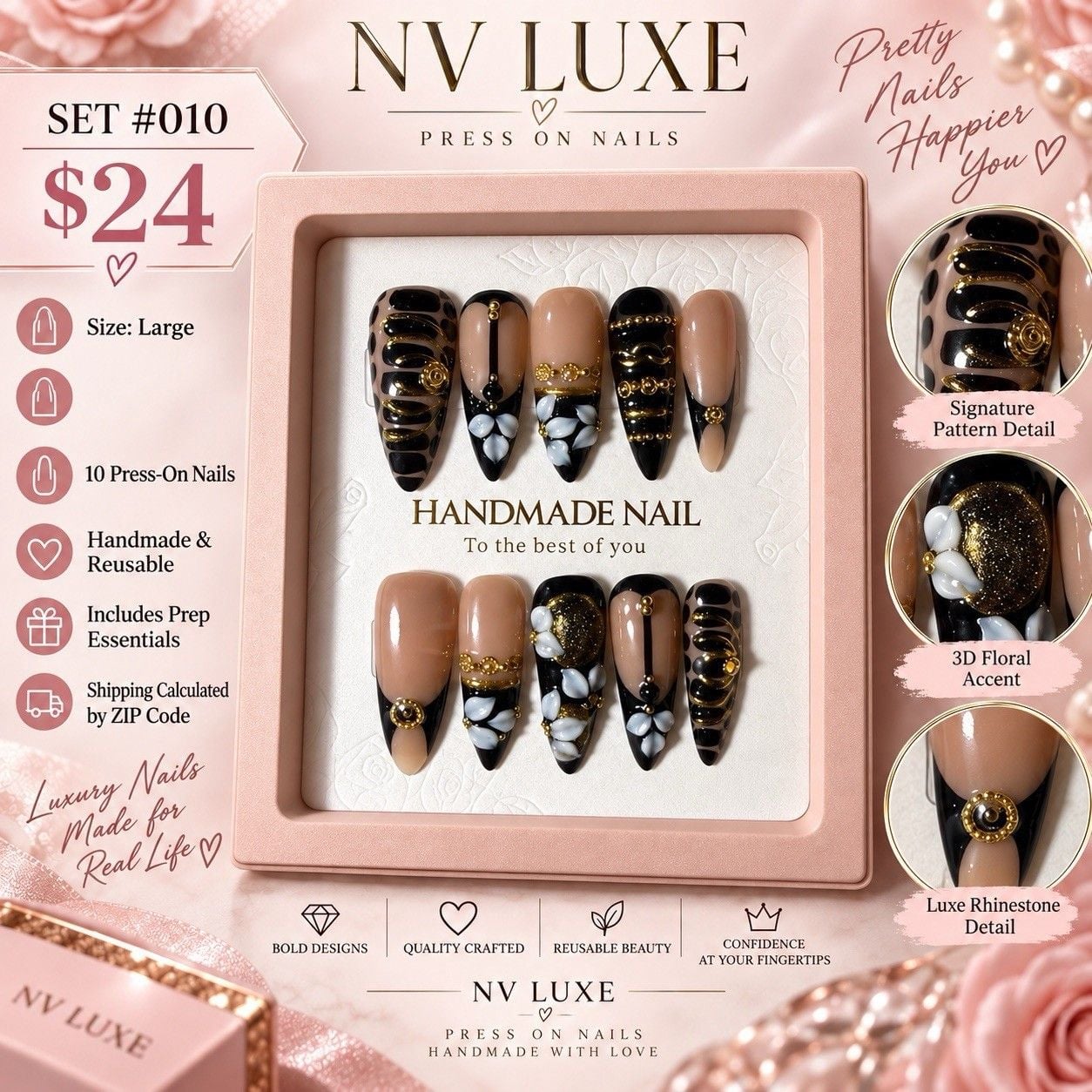 Reusable Midnight Bloom Press On Nails Size M M Almond Set #010 2