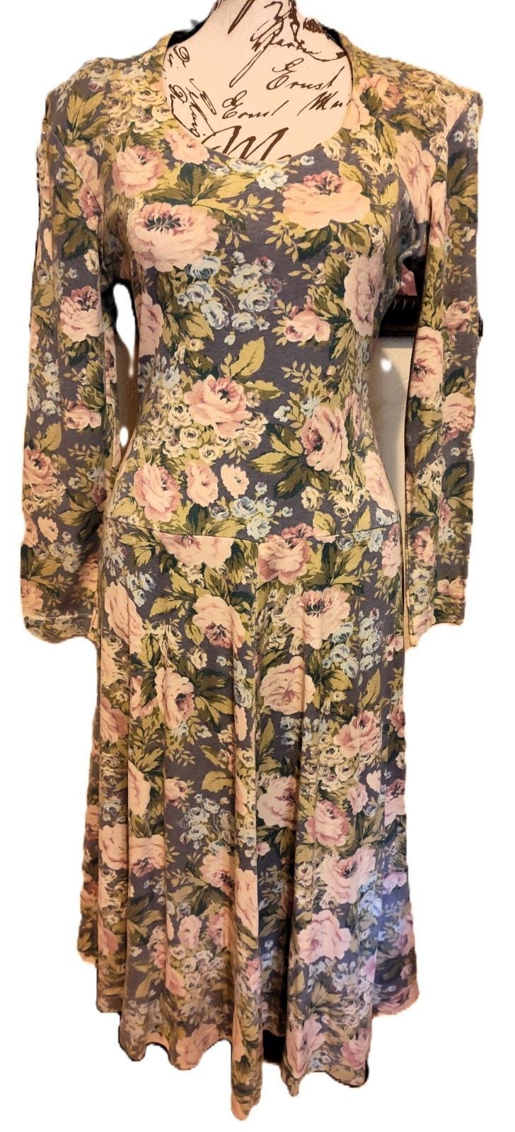 Vintage Ellen Hart Originals Grey Flower pattern Stretch Dress W Shoulder Pads P 2