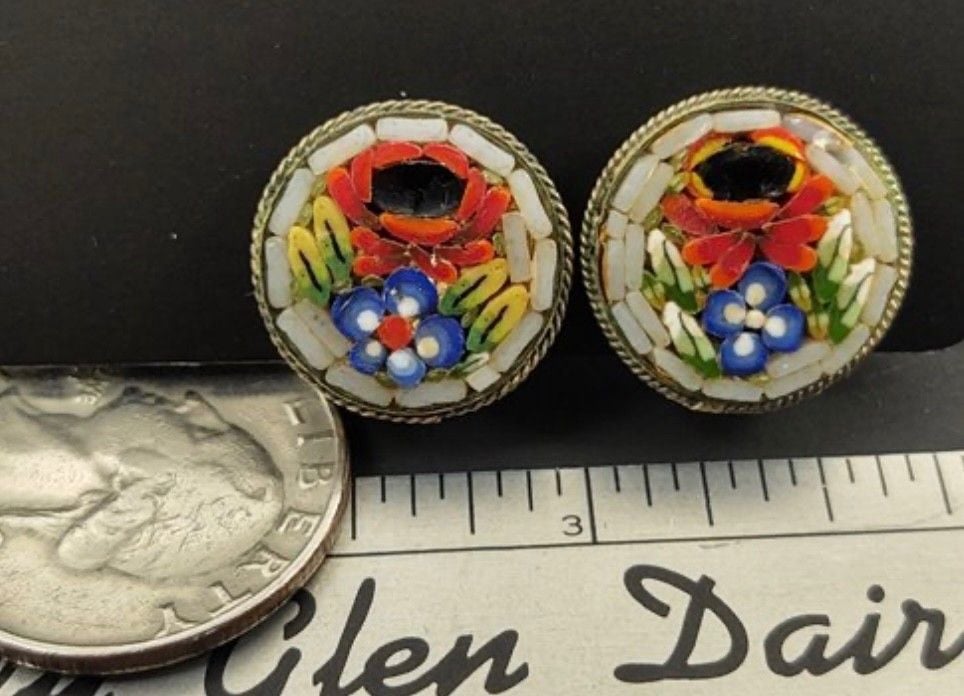Vintage Italian Micromosaic Floral Clip Earrings Round Poppy Flower Italy Grand 3