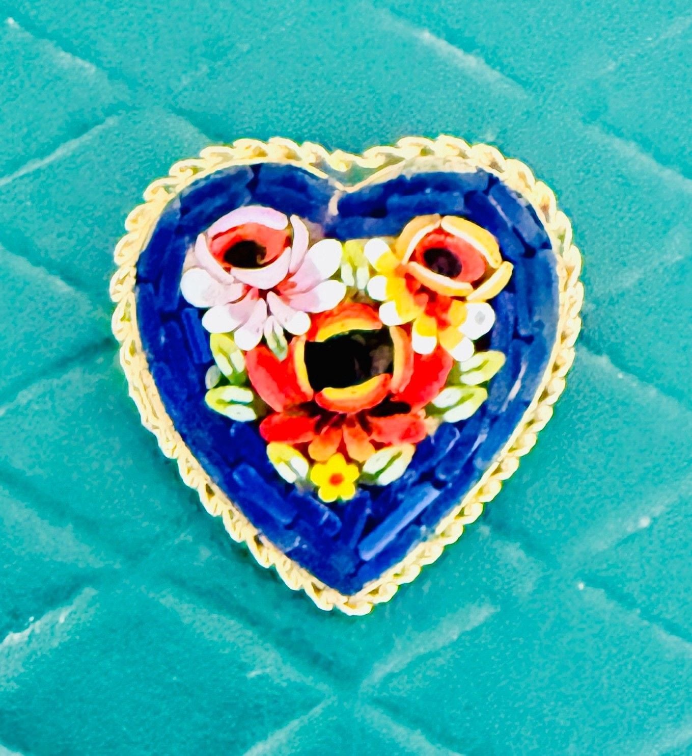 Vintage Italian Micro Mosaic Heart Brooch Floral Gold Tone Pin Made in Italy 6
