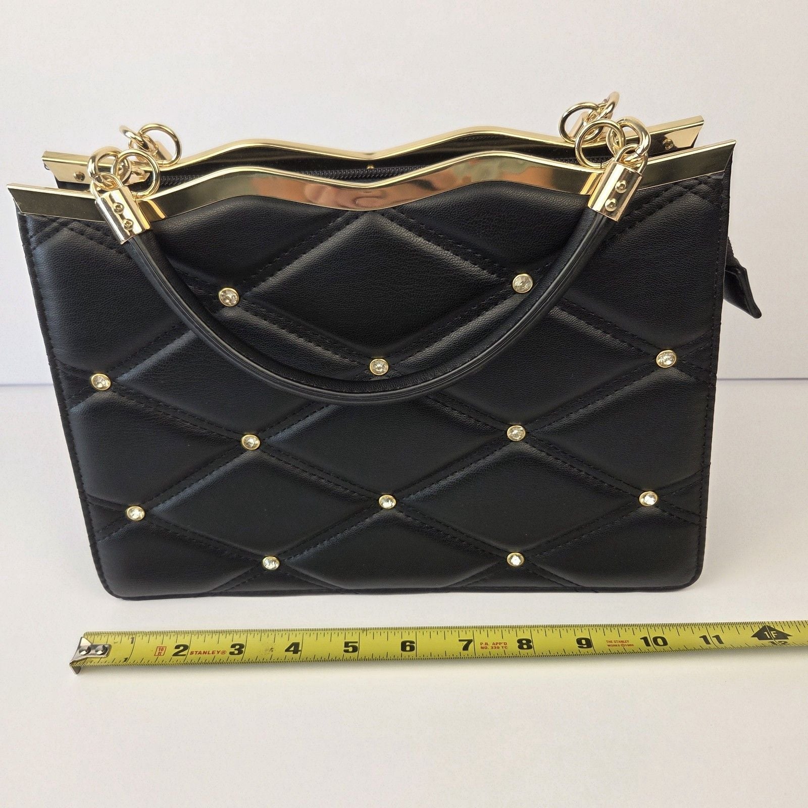 Grossi Black Quilted Rhinestone Handbag Purse Wavy Gold Frame Vintage 11