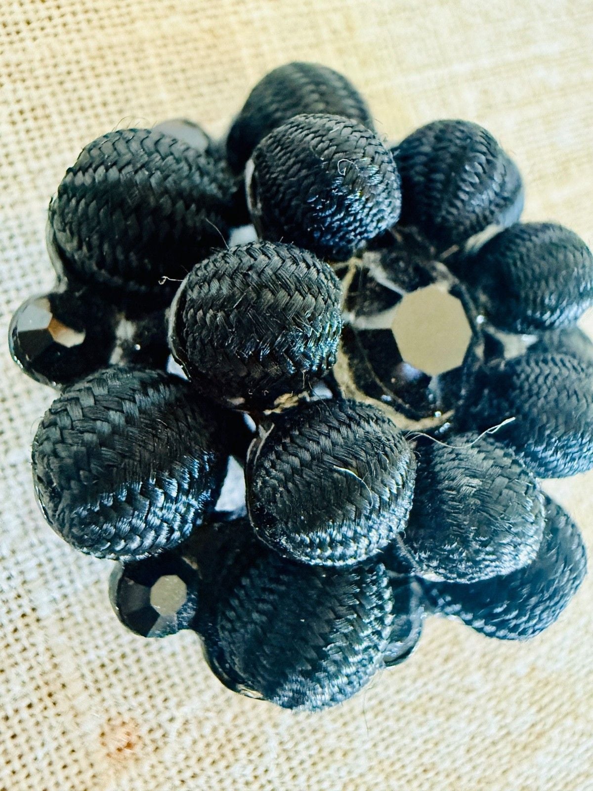Vintage Mid-Century Black Cluster Beaded Fabric Buttons Set of 2 Statement 4