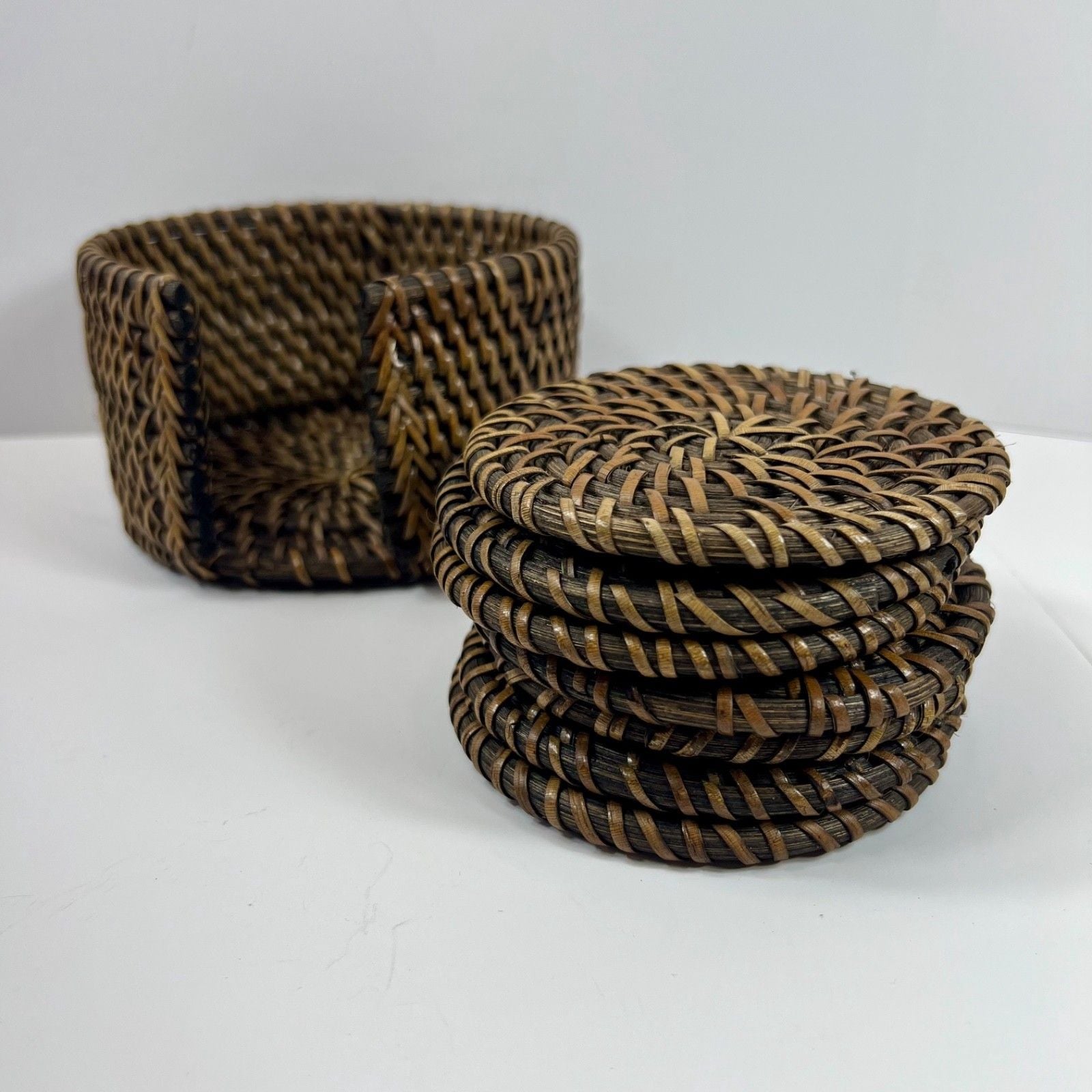 Set of 7 Brown Rattan Woven Wicker Round 4" Coasters with Storage Basket Boho 3