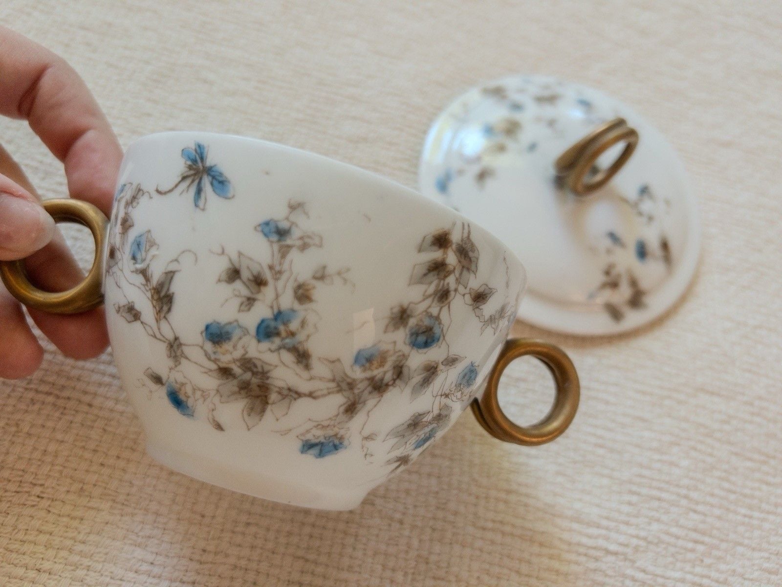 Antique Limoges CFH GDM Sugar Bowl Lidded Cup French Porcelain Blue Floral 1880s 3