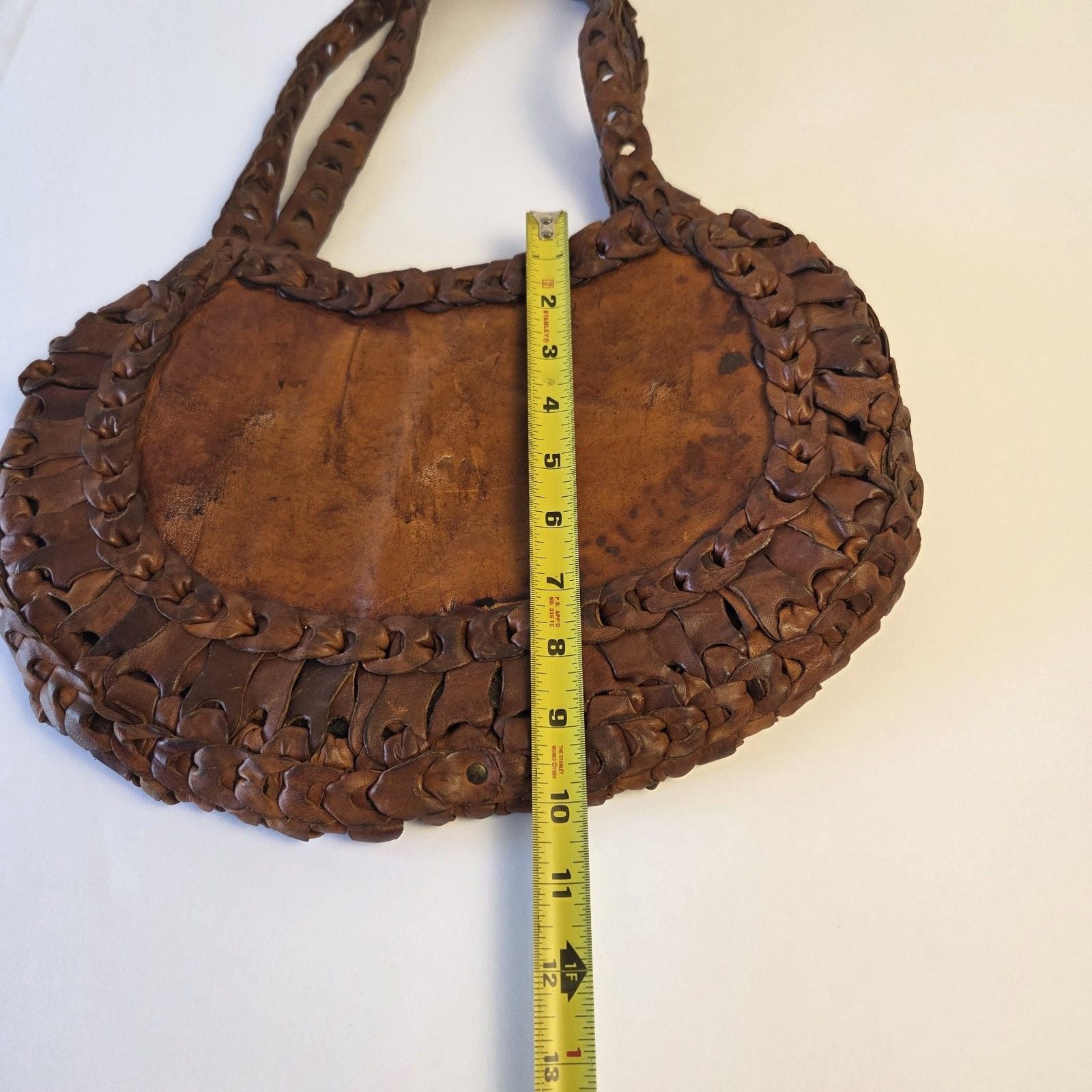 Vimtage 70s Boho Handmade Leather Loop Hippie Purse Moroccan Camel Stamp Tote 9