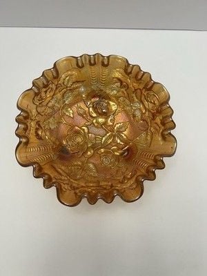 Vintage Imperial Glass Open Rose Marigold Carnival Glass 3 footed bowl 3