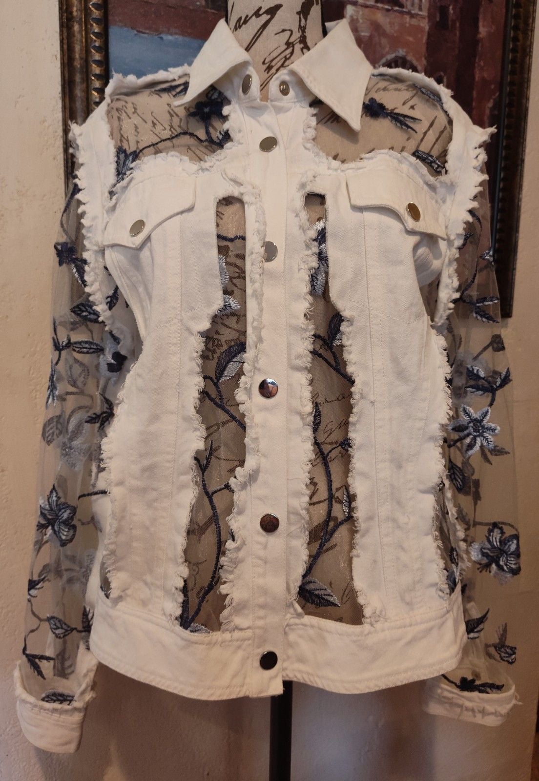 Gorgeous ADORE Pristine White Denim Jacket w Blue Floral Embroidered Sheer Sz L 2