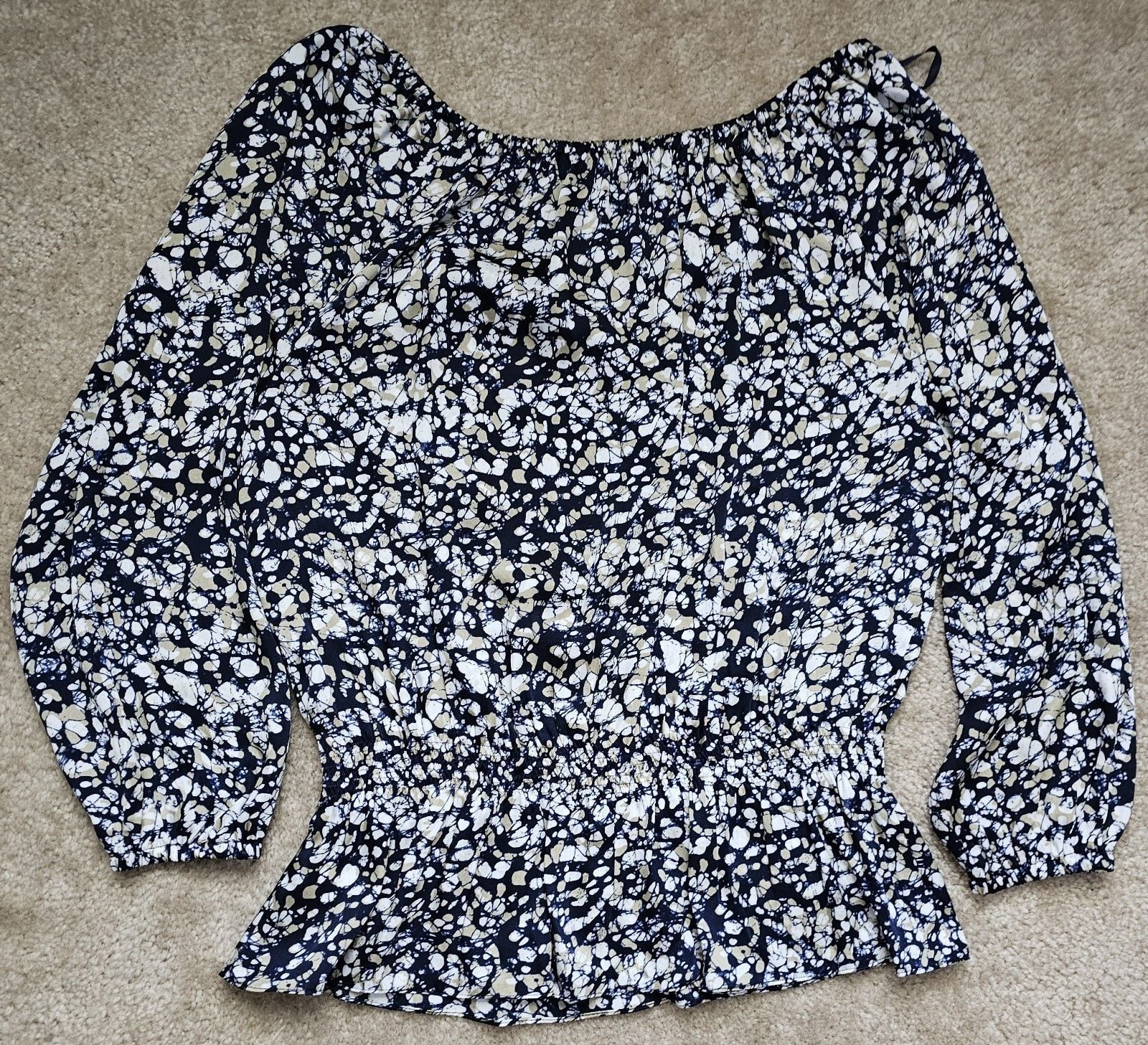 Michael Kors Women's Abstract Print Peplum Blouse Long Sleeve Navy Tan White 7
