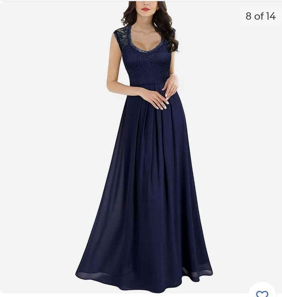 Navy Blue Lace Bodice Pleated Skirt Women's Floral Evening Dress Size Medium 7