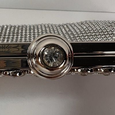 Silver Rhinestone Shimmer Sparkle Clutch Evening Bag With Long Chain Strap 6