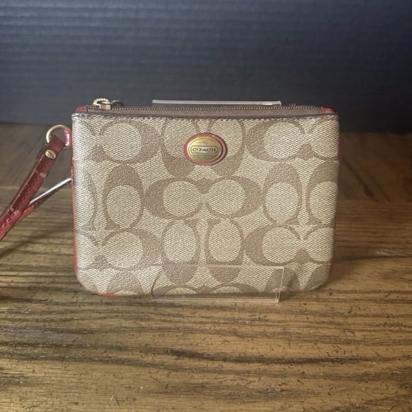 Coach Signature C Wristlet Clutch Khaki Red Pink Leather Trim Gold Logo