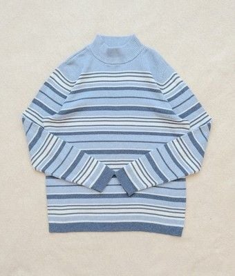 90s Striped Cotton Mock Neck Ribbed Sweater Navy Blue White Size Petite Large 9