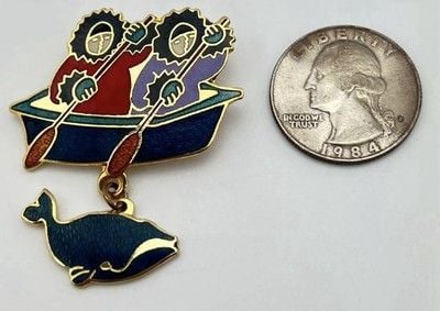 Vintage Artique Barbara Lavallee Cloisonne Enamel Alaskan Inuit In Kayak Brooch 6